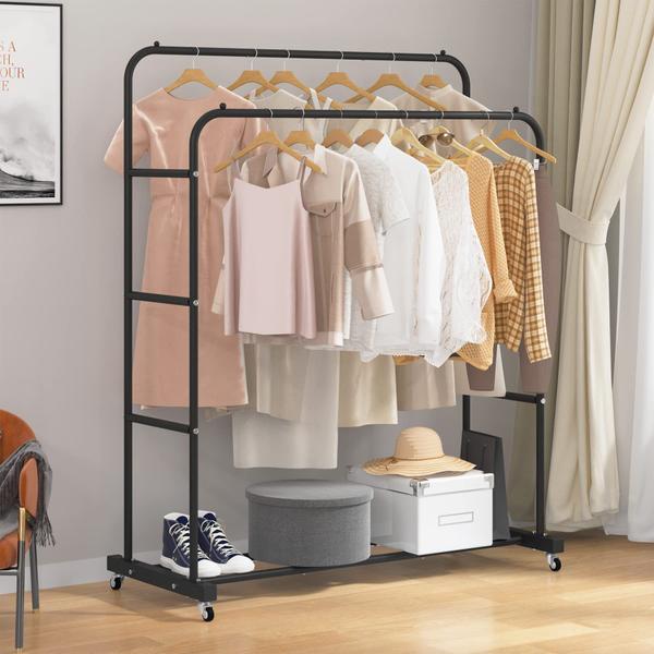 Imagem de Rack de roupas Laiensia Double Rods com rodas pretas