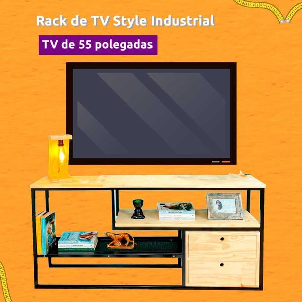 Imagem de Rack de TV Style Industrial de Ferro e Madeira 1 Nicho Dual de Madeira com Gavetas Natural e Preto