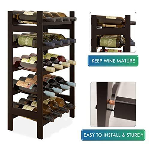 Rack de vinho de bambu SMIBUY, suporte de exibição de 20 garrafas, prateleiras de armazenamento em pé livre de 5 níveis para cozinha, despensa, adega, bar (marrom escuro) Imagem de Rack de vinho de bambu SMIBUY, suporte de exibição de 20 garrafas, prateleiras de armazenamento em pé livre de 5 níveis para cozinha, despensa, adega, bar (marrom escuro)
