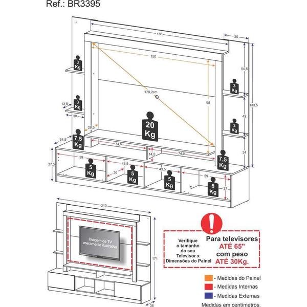 Imagem de Rack Estante com Painel TV 65" e 2 portas Catar Multimóveis BR3395 Branco/Lacca Fumê