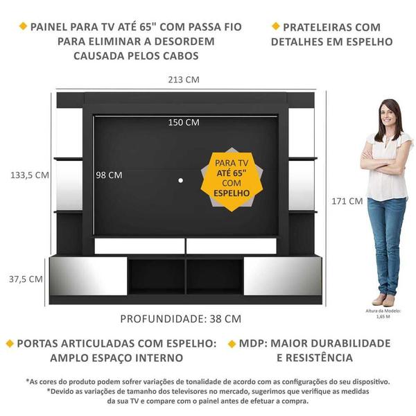 Imagem de Rack Estante com Painel TV 65" e Espelho Oslo Multimóveis Preto/Lacca Fumê