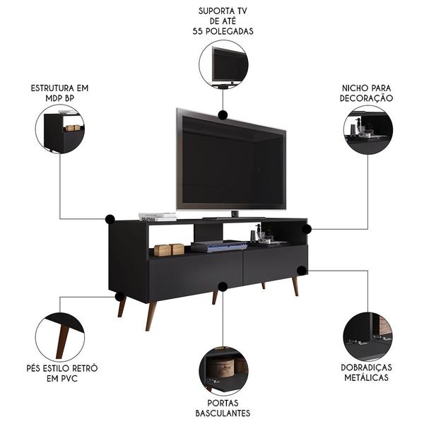 Imagem de Rack para Sala Bancada de TV 55 Pol 136cm Pés Retrô Senna M24 Preto - Mpozenato