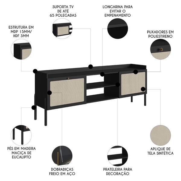 Imagem de Rack Para Sala Bancada de TV 70 Pol Pés Madeira Arlo Nero/Preto - Mpozenato