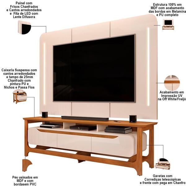 Imagem de Rack Para Sala com Painel Para TV 75 Pol LED Glória D05 Off White Freijó - Lyam Decor