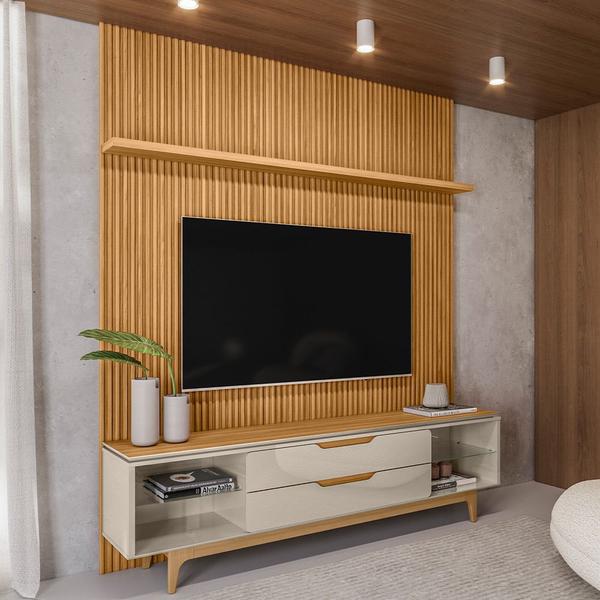 Rack para Sala Com Painel Para TV 75 Pol Ripado Gales L05 Tauari Off White - Lyam Decor Imagem de Rack para Sala Com Painel Para TV 75 Pol Ripado Gales L05 Tauari Off White - Lyam Decor
