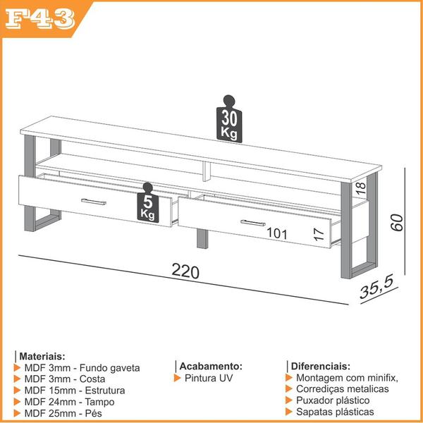 Imagem de Rack Para Sala De Estar 02 Gavetas 01 Prateleira Olivy D03 220 Cm Freijó Preto Fosco - Lyam Decor