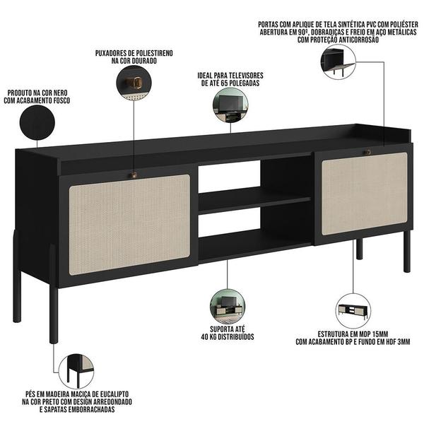 Imagem de Rack Para Sala de Estar TV 65 Pol 183cm Pés Madeira Moss A03 Nero Preto - Lyam Decor