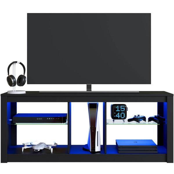 Imagem de Rack Para Sala Preto Tv Até 55" Led Rgb Prateleiras em Vidro Estante Para Tv Estilo Gamer Prodecor