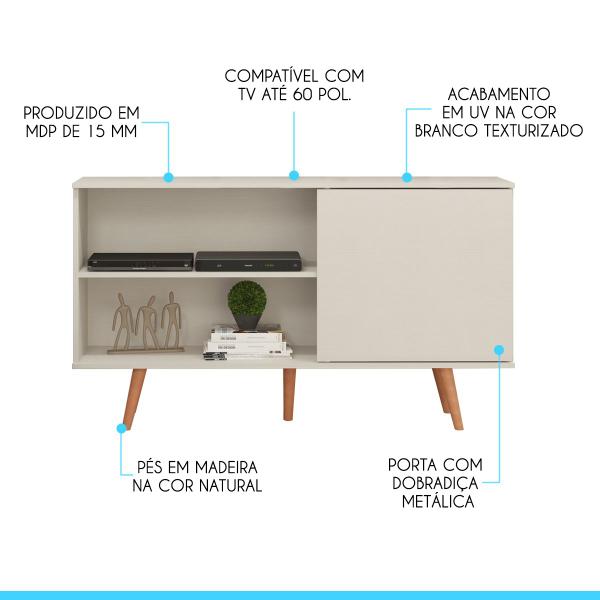 Imagem de Rack para TV 60 Pol. 136x79cm 2 Nichos 2 Portas Branco 0634