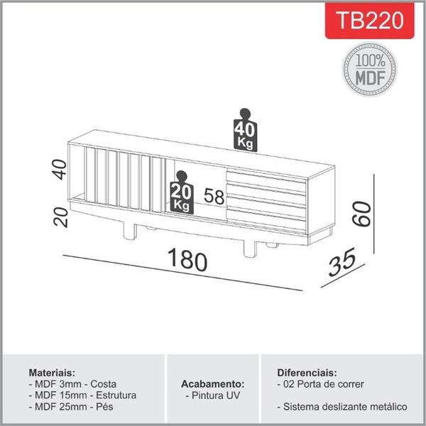 Imagem de Rack para TV até 50 Polegadas 180cm 2 Portas de Correr MDF Sala Off White Freijó Dala Costa