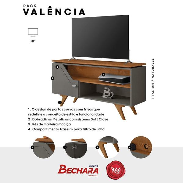 Imagem de Rack Para TV até 50 Polegadas Design Curvo e Frisos Decorativos 1 Porta Pés de Madeira Valência