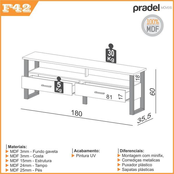 Imagem de Rack para TV até 65" Estilo Industrial 1,80m com 2 gavetas 100% MDF F42 Pradel Móveis