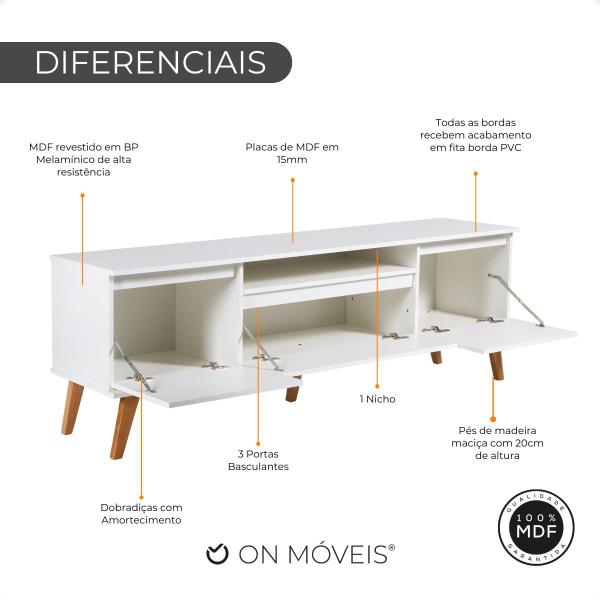 Imagem de Rack para TV com Prateleira 180cm Retro Mdf Branco Dallas