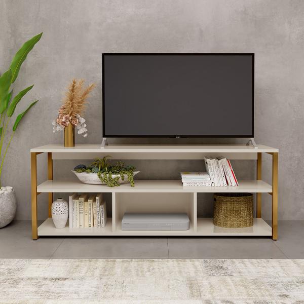 Imagem de Rack Para Tv Retrô Estilo Industrial Com Pés De Ferro Off White / Dourado