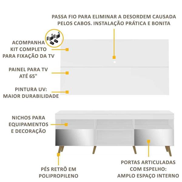 Imagem de Rack Retrô c/ Espelho e Painel com Suporte para TV até 65" Multimóveis Flórida FG3142 Branco/Natural