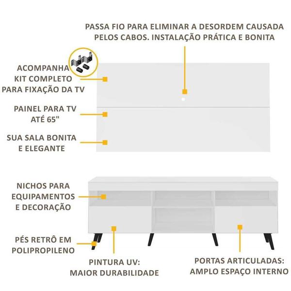 Imagem de Rack Retrô com Painel e Suporte para TV até 65" Multimóveis Flórida FG3134 Branco/Preto