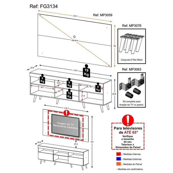 Imagem de Rack Retrô com Painel e Suporte para TV até 65" Multimóveis Flórida FG3134 Branco/Preto