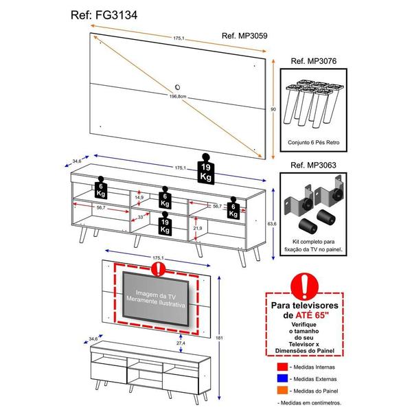 Imagem de Rack Retrô com Painel e Suporte para TV até 65" Multimóveis Flórida FG3134 Madeirado/Preto