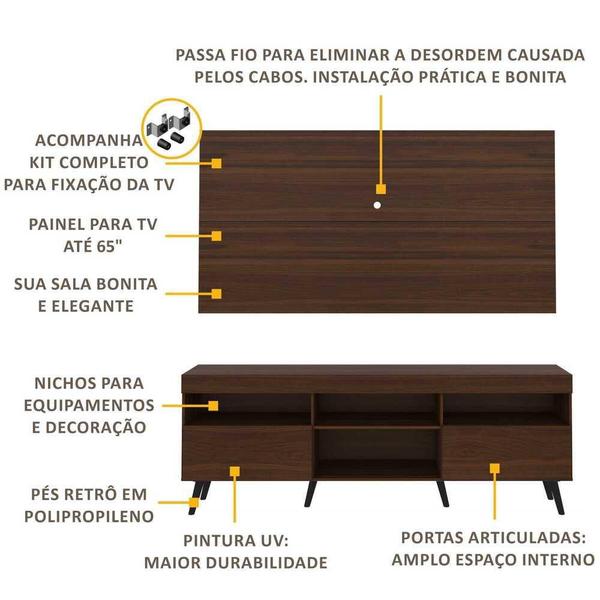 Imagem de Rack Retrô com Painel e Suporte para TV até 65" Multimóveis Flórida FG3134 Madeirado/Preto