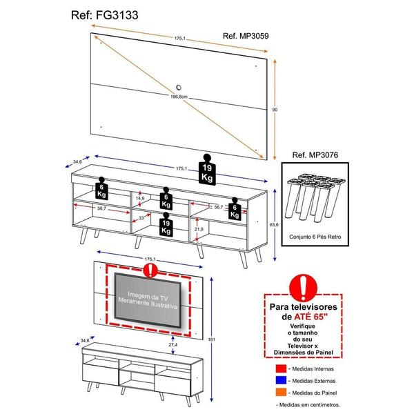 Imagem de Rack Retrô com Painel para TV até 65" Multimóveis Flórida FG3133 Preto/Branco