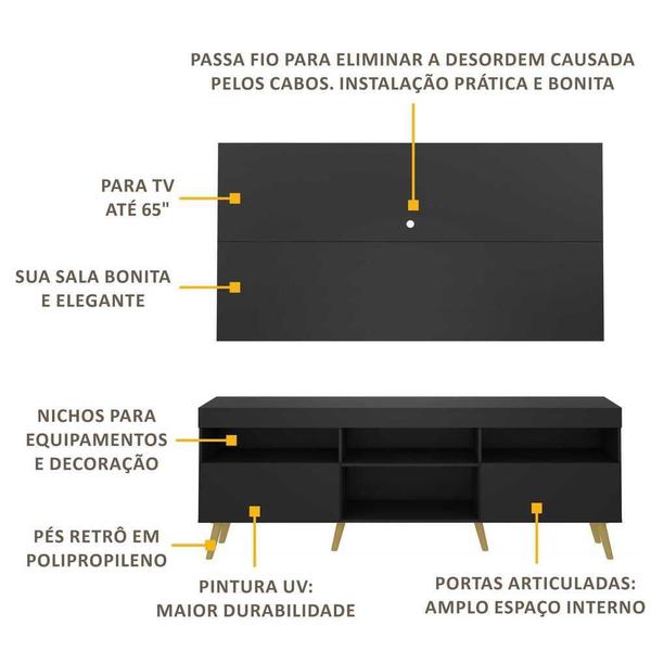 Imagem de Rack Retrô com Painel para TV até 65" Multimóveis Flórida FG3133 Preto/Natural