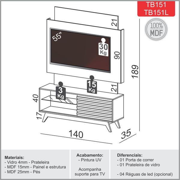 Imagem de Rack Retrô com Painel TV 55" 1,40m 1 Porta Iluminação LED TB151L Dalla Costa