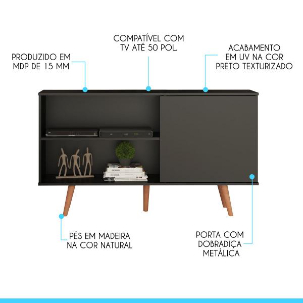 Imagem de Rack Retrô para TV 50 Pol. 136 x 79 Cm Pádua Pés Madeira MDP Preto 0634 MENU