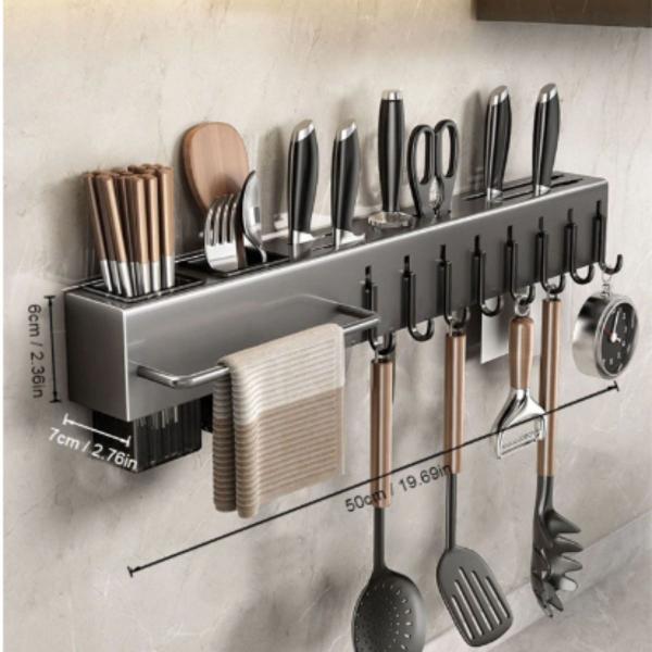 Imagem de Rack Suspenso de Parede Cozinha Porta Facas Utensílios Cinza