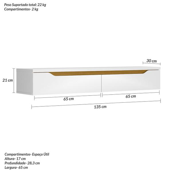 Imagem de Rack Suspenso Uno P/ Tvs Até 50 Polegadas 135cm 2 Portas Branco/Cedro - Olivar Móveis