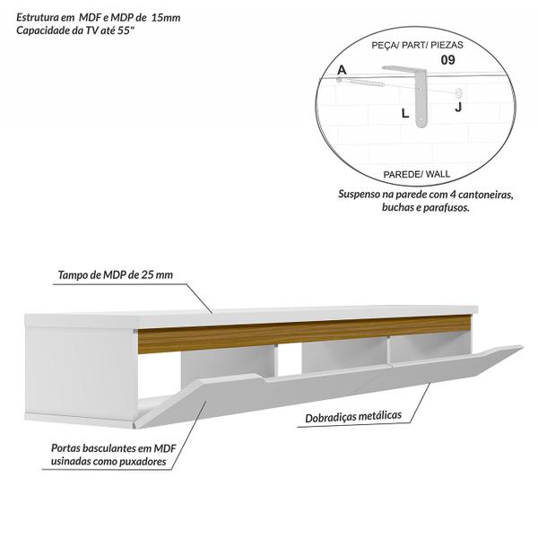 Imagem de Rack Suspenso Uno P/ Tvs até 55 Polegadas 160cm 2 Portas Branco/Cedro- Olivar Móveis