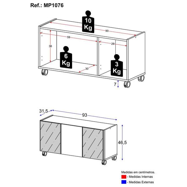 Imagem de Rack TV até 32 Polegadas 3 Portas com Rodízios e Espelhos Multimóveis MP1076