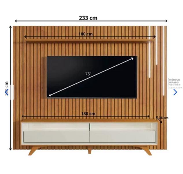 Imagem de Rack Viena com Painel Ripado Lyon c/ Prateleira e Led para TV até 75" Mavaular