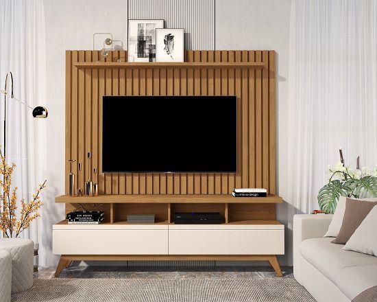 Imagem de Rack Vivare 1.6 Wood Com Painel Classic Ripado Para TV Até 65 Polegadas Nature/Off White - Giga Móveis