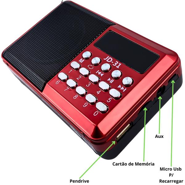 Imagem de Radinho de Som Portatil Que Cabe no Bolso Com Conexao para Pendrive Cartão de Memoria Fone de Ouvido e Bluetooth