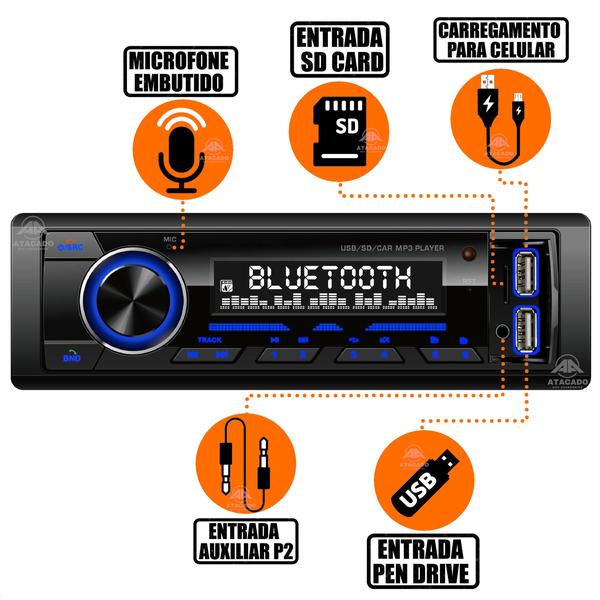 Imagem de Rádio Auto Som Automotivo Aparelho MP3 p/ Carro Entrada USB SD Aux Bluetooth HT-1400