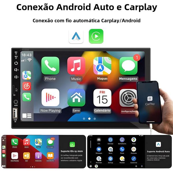 Imagem de Rádio Automotivo Android com Tela HD de 7 Polegadas - 1 DIN, Carplay e Bluetooth