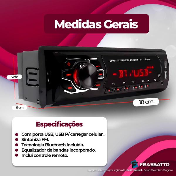 Imagem de Radio Automotivo Sem Toca Cd Mp3 Player Bluetooth 2 Entrada Usb Carrega Celular Atende Ligação