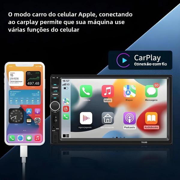 Imagem de Rádio Carplay com Fio - Tela de 7 Polegadas, Bluetooth, USB, TF e FM