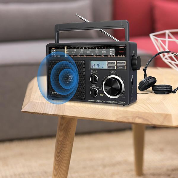 Rádio FM AM portátil Retekess TR618 com SD, Micro SD e USB - Rádio