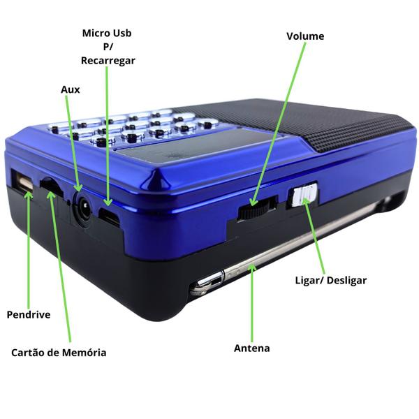 Imagem de Rádio FM Digital Pequeno Cabe no Bolso Facil de Sintonizar com Bluetooth Usb Micro Sd Aux Bateria Removivel