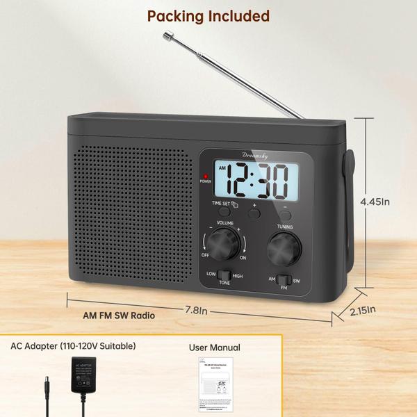 Imagem de Rádio FM DreamSky AM portátil  rádio de ondas curtas alimentado por bateria ou conectado à parede para uso doméstico e externo, recepção forte, mostrador grande fácil de usar, display digital de hora, antena transistorizada, presente pequeno para idosos