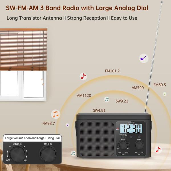 Imagem de Rádio FM DreamSky AM portátil  rádio de ondas curtas alimentado por bateria ou conectado à parede para uso doméstico e externo, recepção forte, mostrador grande fácil de usar, display digital de hora, antena transistorizada, presente pequeno para idosos