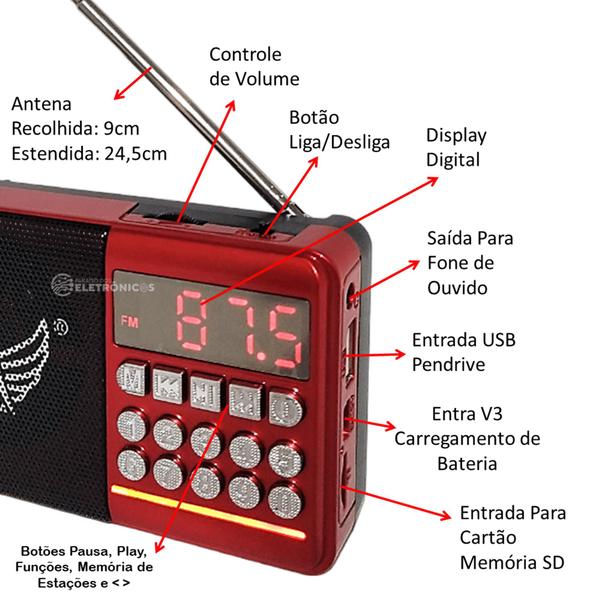 Imagem de Rádio Fm Portátil Com Bluetooth Mp3 Recarregável Entrada USB/Micro SD Jd30