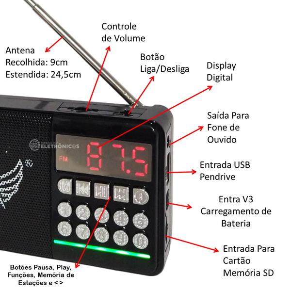 Imagem de Rádio Fm Portátil Com Bluetooth Mp3 Recarregável Entrada USB/Micro SD Jd30