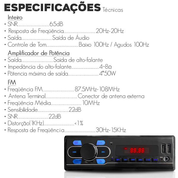 Imagem de Rádio Mp3 Player Som Automotivo Bluetooth Sd USB 1 Din