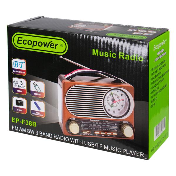 Imagem de Radio Portatil Ecopower EP-F38B - USB/ SD/ Aux - AM/ FM/ SW - Recarregavel - Preto