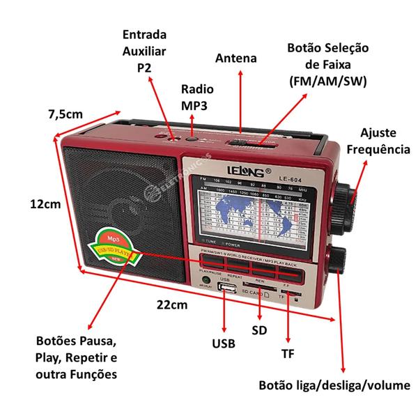 Imagem de Rádio Retrô 11 Faixas Usb Sd Am Fm Bluetooth Potente LE604