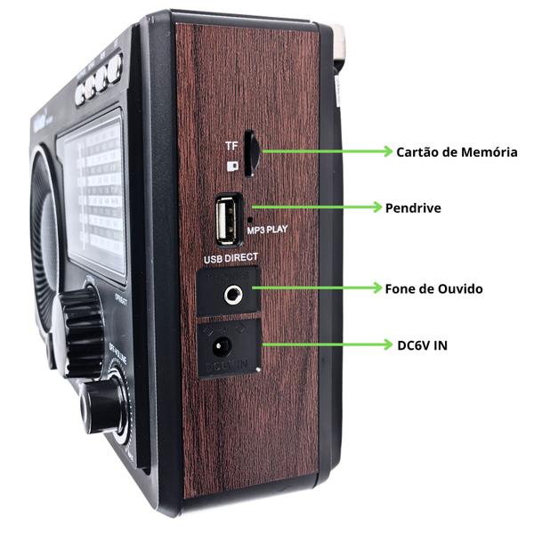 Imagem de Rádio Retrô A Pilha Am Fm Pen Drive SW Com Sd Usb Antena