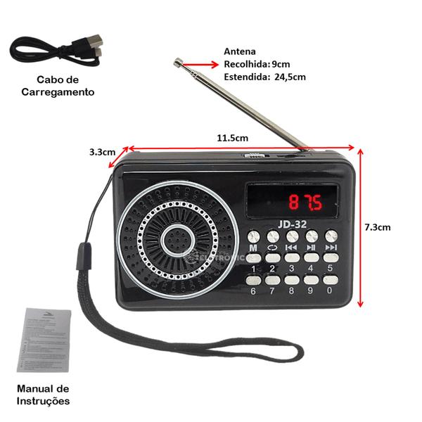 Imagem de Rádio Retro Banda Fm Bluetooth Saída P2 Mp3 Entradas Usb/micro Sd JD32