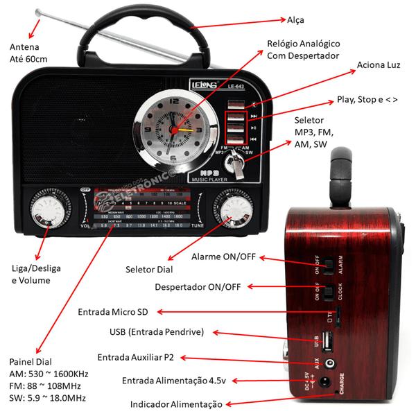 Imagem de Rádio Retrô Com Relógio e 4 Bandas AM/FM/SW Recarregável USB e SD Marrom  LE643